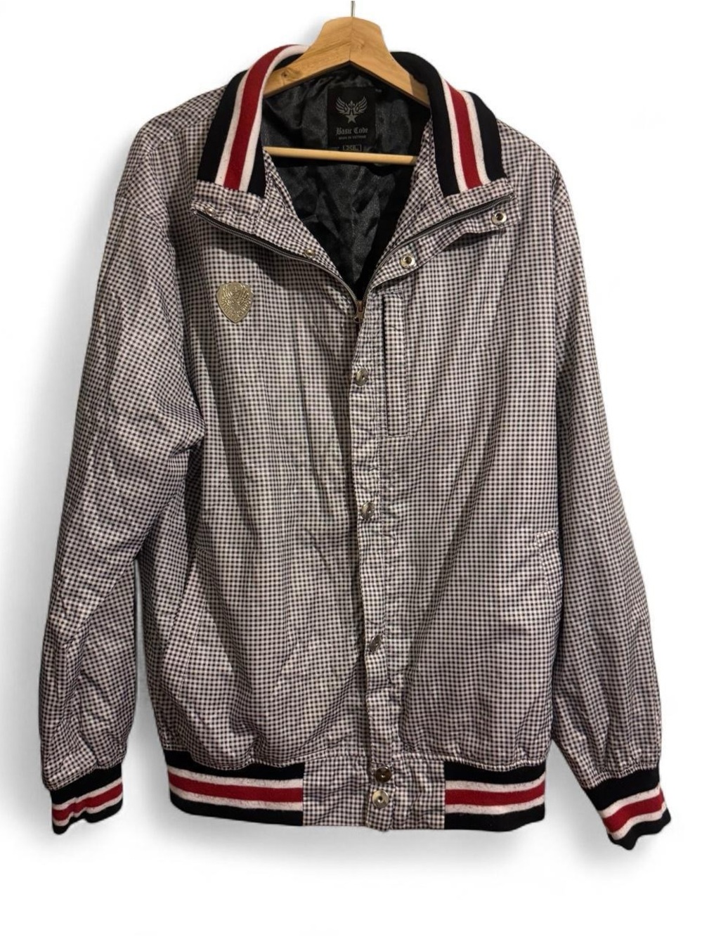 Basic Code Men's Checked Bomber Jacket - Black/White with Red Trim
